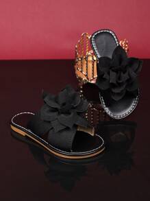 1 par de chanclas planas de playa para niñas de talla grande, de tela de punto con decoración de flores de peonía grandes, punta redonda abierta, zapatillas de casa lindas y de moda para niñas de 3 a 15 años, nueva llegada de verano 2025