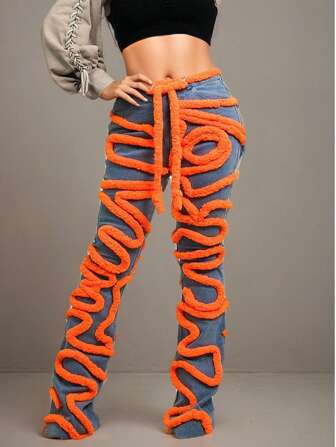 Athina Spiral Denim Dynamism Jeans  All Over Print    Party    Denim    Drawstring    Daily  Night Out  Brunch  Airport