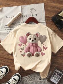 Camiseta de manga corta con estampado tropical de verano para niñas preadolescentes, ropa casual para estudiantes jóvenes, preparada para niñas en verano - Albaricoque - Ver 4