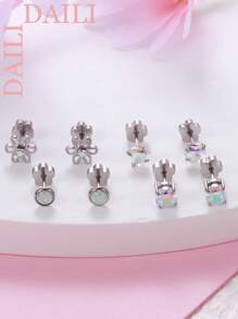 DAILI 4 pares de brincos fofos feitos à mão com a parte traseira lisa para mulheres, hipoalergênicos, em aço inoxidável, ouro 14k, opala, zircônia cúbica, flor, coração, cartilagem, brincos para pele sensível, 20g, brincos de zircônia cúbica rosa e prata