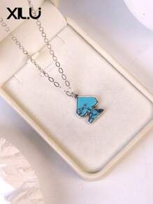 1pc Poker Card & Turquoise Enamel Pendant Necklace For Women, European & American Design