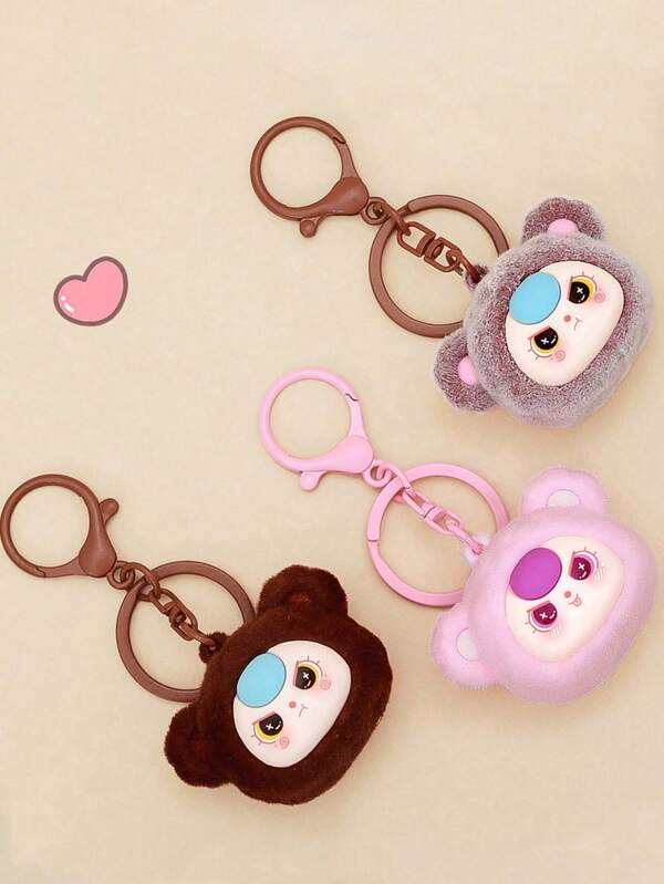 1 pieza Lindo llavero con colgante de cabeza de oso mini de dibujos animados con felpa, regalo creativo, decoración colgante para mochila, accesorios para automóvil, dije para mochila, estilo gótico y Y2K