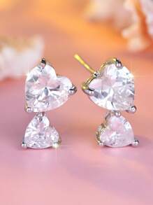 1 Pair Adorable White Heart Shaped Cubic Zirconia White K-Color Stud Earrings For Women, Luxurious For Wedding, Party, Festival And Daily Wear, Suitable For All Seasons