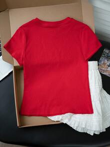 Back To School Cute Heart & Letter Print Casual Round Neck Short Sleeve T-Shirt For Women, Spring/Summer Red - Red - View 7