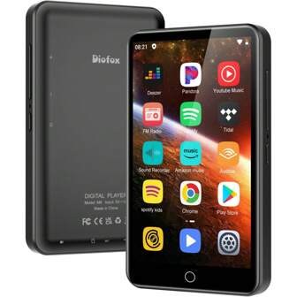 Lecteur MP3 Diofox 80 Go avec Bluetooth (connexion aux écouteurs Bluetooth, stéréo) et WiFi, lecteur MP3 et MP4 avec Spotify, musique, Deezer, Audible, navigateur, écran tactile IPS 4,0" Android avec haut-parleurs, radio FM, capacité jusqu'à 512 Go