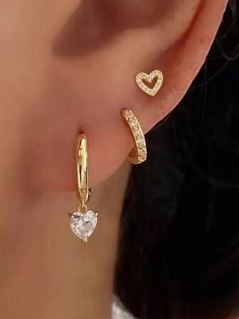 Set de 6 piezas de pendientes de aro, de gota y de botón con forma de corazón de cobre y circonita cúbica, accesorio de mujer para uso diario, casual y de boda