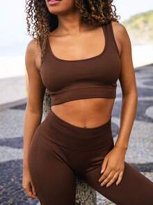 Fitness Set In Ribbed, Full-Bodied Polyamide - Top And Leggings - High Compression - Cà phê nâu - Xem 3