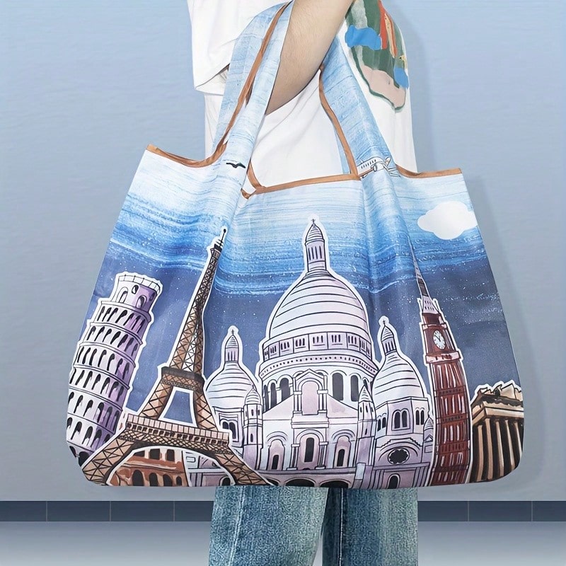 [Bolso de tela elegante] Bolso de tela grande y elegante de nailon | Diseño de estampado único - Bolso de compras y de viaje con asa, incluye una bolsa a juego - Pintura lubricante Castle - Ver 1