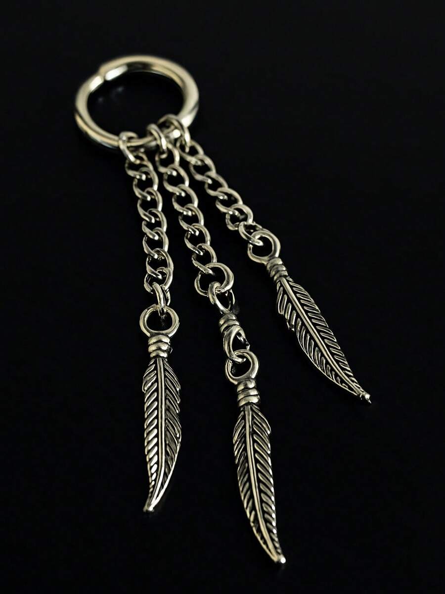 Thin Hoop Earring Pendant 3 Feathers With Stainless Steel Chain For Men And Women - 銀色 - 查看 1