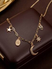 1pc Fashionable Geometric Star & Moon Charm Pendant Necklace, Versatile & Cute Everyday Wear For Women