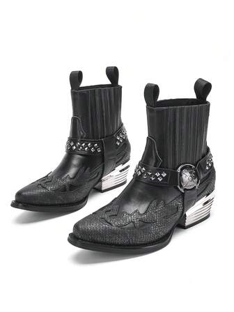 Unisex Western Style Pointed Toe Boots, Vintage Fashion Distressed Pattern