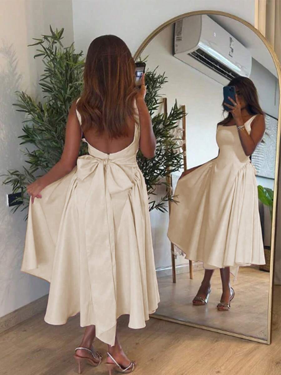 Floreya 2025 Rochie elegantă de primăvară-vară, cu bretele, stil umbrelă, rochie de petrecere slăbită în culoare solidă, cu design drăguț cu fundă la spate, rochie unică în stil francez cu bretele