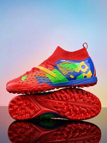 1 Pair New Recommended Soccer Shoes For Men, Long Studs, Short Studs, Non-Slip, High-Top, , Suitable For Daily, Grass, Soccer Training And Matches, All Seasons - Red - View 1