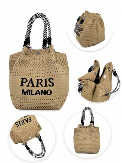 1 件度假风格女士针织手提包，复古字母镂空钩针编织，便携式可折叠双手柄手提包，带纽扣封口，轻松简约设计，适合购物、工作、通勤、旅行