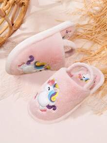 1 Pair Fashionable Cute Cartoon Unicorn Embroidered Warm Slippers, Suitable For Children - Pink - View 3