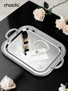 choxila 1 cái/3 cái Khay hoa văn bạc có tay cầm, Khay đựng thức ăn, Đĩa đựng thức ăn, Khay đựng đồ trang sức và mỹ phẩm, Trang trí góc cà phê, Dùng cho phòng ngủ, phòng khách, văn phòng, khách sạn, trà chiều, tiệc tại nhà, quà tặng ngày lễ - Bạc - Xem 3