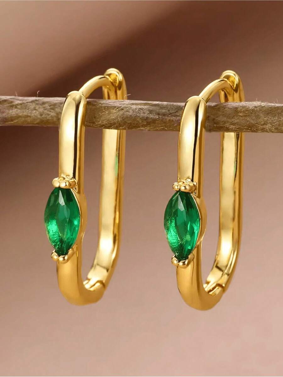 1 paire de boucles d'oreilles créoles carrées en zircone verte ovale pour femmes, plaquées or. Nouveauté 2025 dans la bijouterie d'oreille de luxe, idéal pour les fêtes et les cadeaux - Or jaune - Voir 1