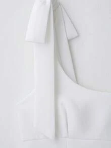 女式纯色圆领无袖时尚蝴蝶结装饰衬衫 - 白色 - 查看 3