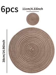 1/4/6/12pcs Bohemian Style Woven Placemats, Round Solid Color Tableware Coasters For Kitchen, Dining Table Decor, Suitable For Holiday Parties, Birthdays, Rustic Country Outdoor Home Decor, All Seasons - Brown - View 24