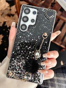 1pc Galaxy Glitter Rhinestone Fuzzy Ball Bracelet + Small Heart Decorated Phone Case, Compatible With Samsung Galaxy S8, Apple 16, Redmi Note 11 4G, OPPO A54, Portable