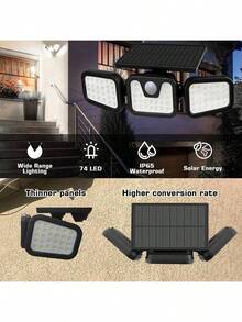 1pc 74 LED Outdoor Solar Motion Sensing Light, Solar Floodlight Motion Detection Spotlight, Suitable For Garage Entrance Terrace, IP44 Waterproof Halloween, Christmas, Thanksgiving Gift, 800mAh