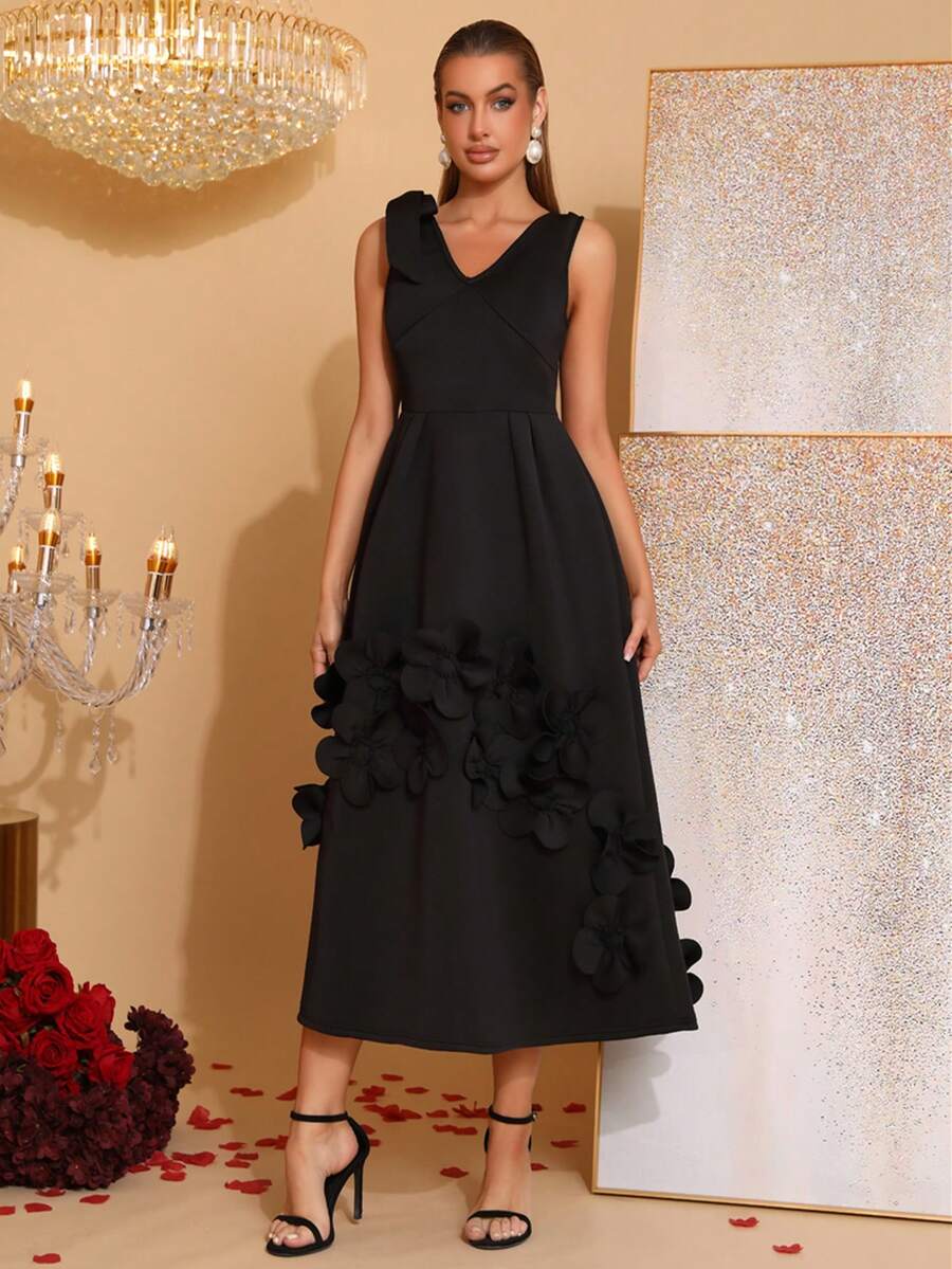 新款优雅3D花卉图案长裙，奢华婚礼、宴会礼服