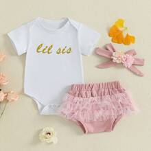 Newborn Baby Girl Lil Sis Outfit Short Sleeve Romper Tulle Pant Cute Flower Headband 3Pcs Coming Home Outfits Clothes Set - 小姐姐 - 查看 5