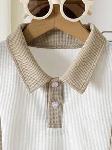 Young Boy Colorblock Waffle Polo Shirt & Drawstring Pants Casual Spring/Fall Outfit Set - Apricot - View 4