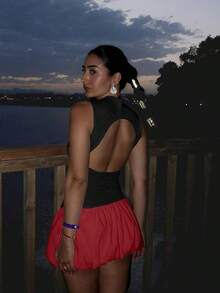 Bubble Dress Women Sleeveless Mock Neck Knit Open Back Dress Bodycon Y2k Party Club Short Dress - Hitam Merah - View 4