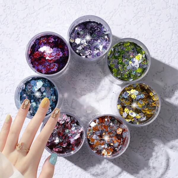 7 Garrafas Conjunto de Glitter Metalizado Colorido de Alta Capacidade para Unhas, Mistura Holográfica, Acessórios de Unhas, Decoração de Arte de Unhas, para Arte de Unhas, Pintura em Epóxi, Decoração de Festivais