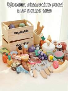 儿童木制蔬菜水果切菜用餐套装木盒套装原木砧板锅具套装过家家玩具认知分类切割拼图家用玩具锻炼儿童社交认知与动手能力-幼儿(3-6岁) - 彩色 - 查看 2