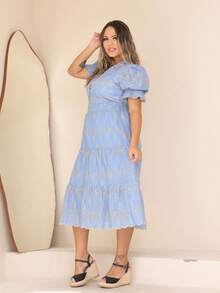 Women's Midi Dress With Embroidered Laise All-Over Print Embroidery Button Ruffles Gathered Formal And Evening - Baby Blue Two-tone - View 4