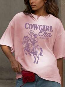 T-shirt da donna con stampa personalizzata a lettere, stile occidentale, scollo tondo, adatta per l'estate e vacanze. Top donna bianco e rosa con grafica