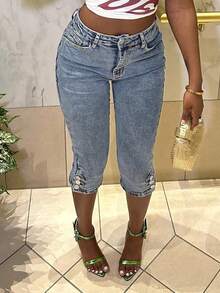 性感中腰紧身七分裤 - 纽扣细节下摆和 Y2K 风格 - 藍色 - 查看 6