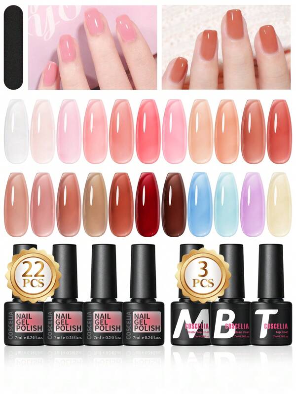 coscelia 25PCS 7ML Jelly Gel Nail Polish Set With Sheer Ice Clear Effect, 7ML Base Matte Top Coat, 22Colors Soak Off Crystal Translucent Nail Gel Polish Needed UV/LED Nail Lamp, Base & Top Coat Nail Supplies Nail File, Nude Pink Red Blue Purple Gel Nail Polish Kit Suitable For Women Or Nail Beginner DIY Nail Art Salon Set
