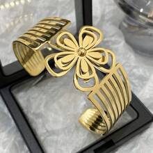 1 件女士粗花手链金色不锈钢手镯适合日常和派对珠宝礼物