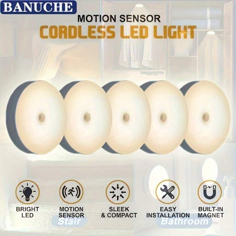 10pcs Smart Body Sensor LED Night Light, Hallway, Closet, Bedroom, Bedside Sensor Circular Light Stair Wireless Night Light Dynamic Sensor Wardrobe Light, Dynamic Sensor Light, Can Be Posted Anywhere - Đèn vàng 5 - Xem 1