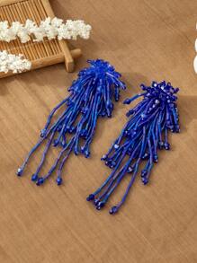 Klein Blue Flattering Color Long Tassel Earrings, Delicate & Chic Natural Dangling Design, Sophisticated Minimalist Style Women Earrings