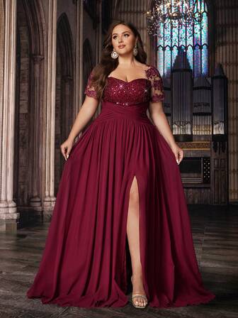 经典设计大码女式纯色贴花亮片拼接短袖礼服裙