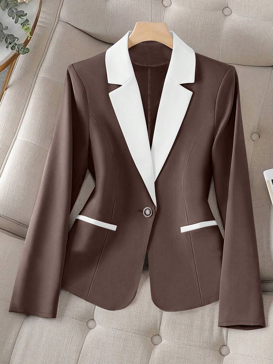 Elegant Women's Blazer, Spring, Autumn - Coffee Brown - View 1