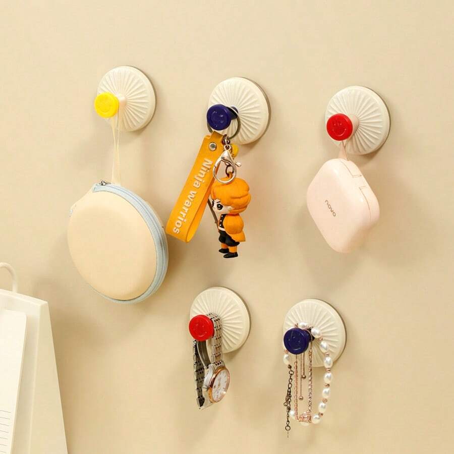 Smile Face Suction Cup Wall Hooks With No-Adhesive Installation, Heavy-Duty Bathroom Hanger For Robe And Towel, Space-Saving Durable Organizer For Vanity, Shower, Entryway, Closet And Dorm Rooms, Moisture-Resistant, Scratch-Resistant, Modern Decorative Hooks For Spa-Like Interiors, Easy-Clean, Multi-Use, Quick-Install, No-Drill Design - Multicolor - View 1