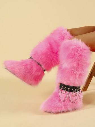 女士厚底雪地靴，保暖中筒仿毛内衬圆头高筒靴，金属链装饰，朋克风格铆钉长筒雪地靴，冬季