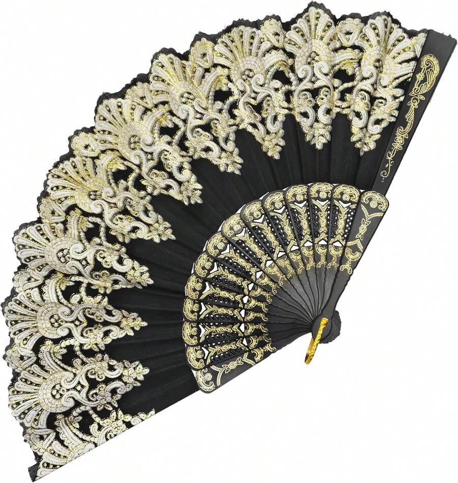 Handheld Chinese Folding Fan Hand Fans For Women Foldable Bulk For Party Wedding Church Dancing (Black) - Black - View 1