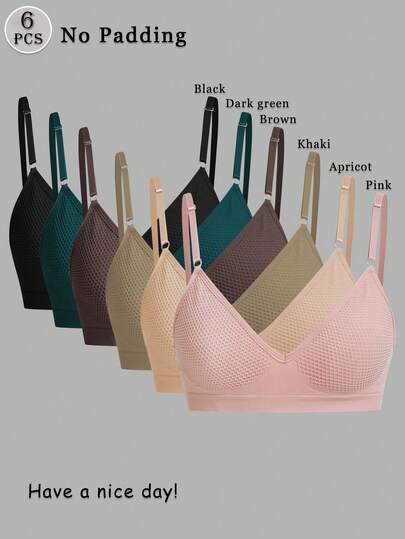 Set de 6 sujetadores de mujer multicolor con cierre trasero, sujetadores cómodos sin alambres y sin relleno con tirantes ajustables, sujetadores sin costuras y sujetadores deportivos
