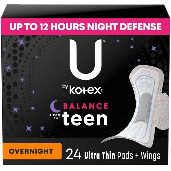 U By Kotex Balance Sized For Teens Ultra Thin Overnight Pads With Wings, 24 Ct