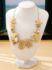 1 Set de elegante joyería de moda: Collar de coral, estrella de mar y concha, pulsera, pendientes con incrustaciones de perlas falsas, rhinestones, joyería bohemia, adecuada para regalos, mujeres, vacaciones y todas las ocasiones