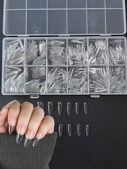 600片中号尖头软胶甲片，适用于凝胶美甲延长系统、全覆盖假指甲、美甲工具、按压式假指甲、美甲用品
