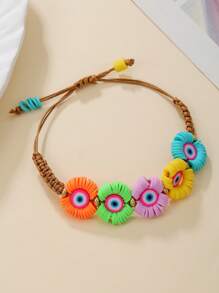 Pulseira de argila polimérica retrô boho com cores aleatórias, CCB, elemento olho grego, à prova d'água, fio encerado, feita à mão, adequada para uso diário feminino, roupa de festa de verão, praia, presente