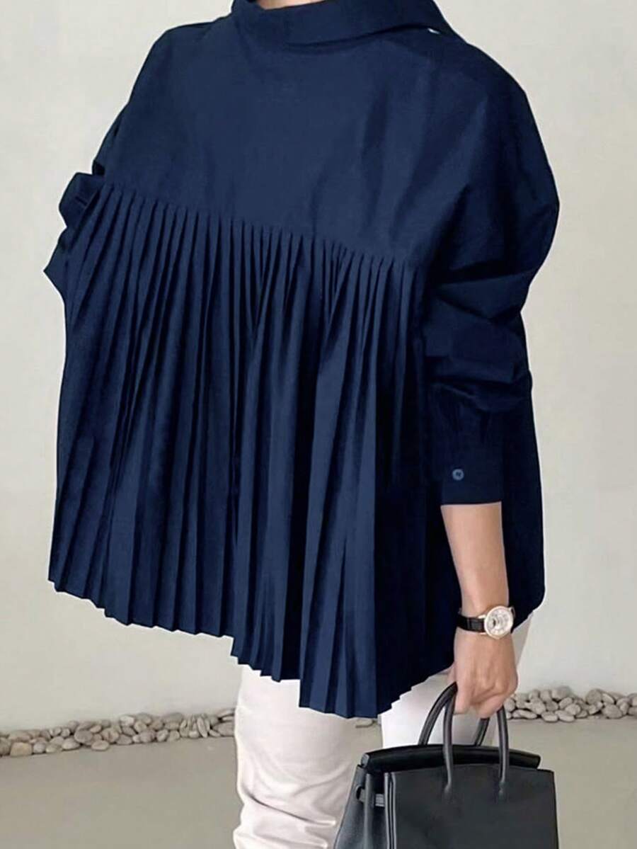 大码女式黑色褶皱 Polo 领休闲衬衫 春季 - 藏蓝色 - 查看 1