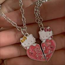 Sanrio 1 Stück Kitty Katzen Patchwork Herz Legierung Halskette - einzigartiger Modeschmuck für Frauen, Männer, Paar und Freunde - Alltags- und Feiertagsaccessoire